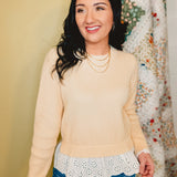 Lace Trimmed Ribbed Sweater Top - Cream - Lace and Grace Boutique