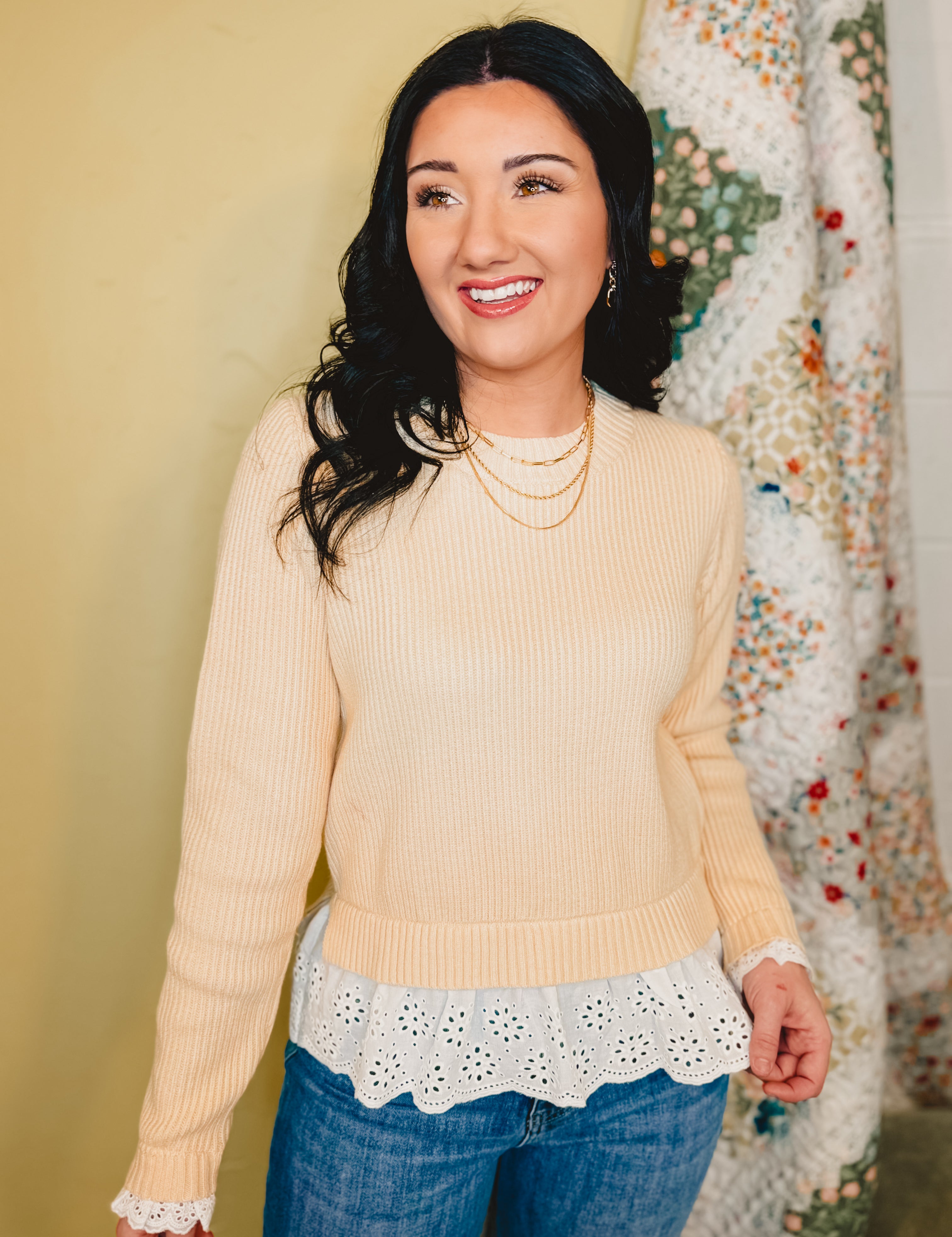 Lace Trimmed Ribbed Sweater Top - Cream - Lace and Grace Boutique