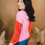 Heart Patch Mineral Wash Color Block Pullover - Red/Pink