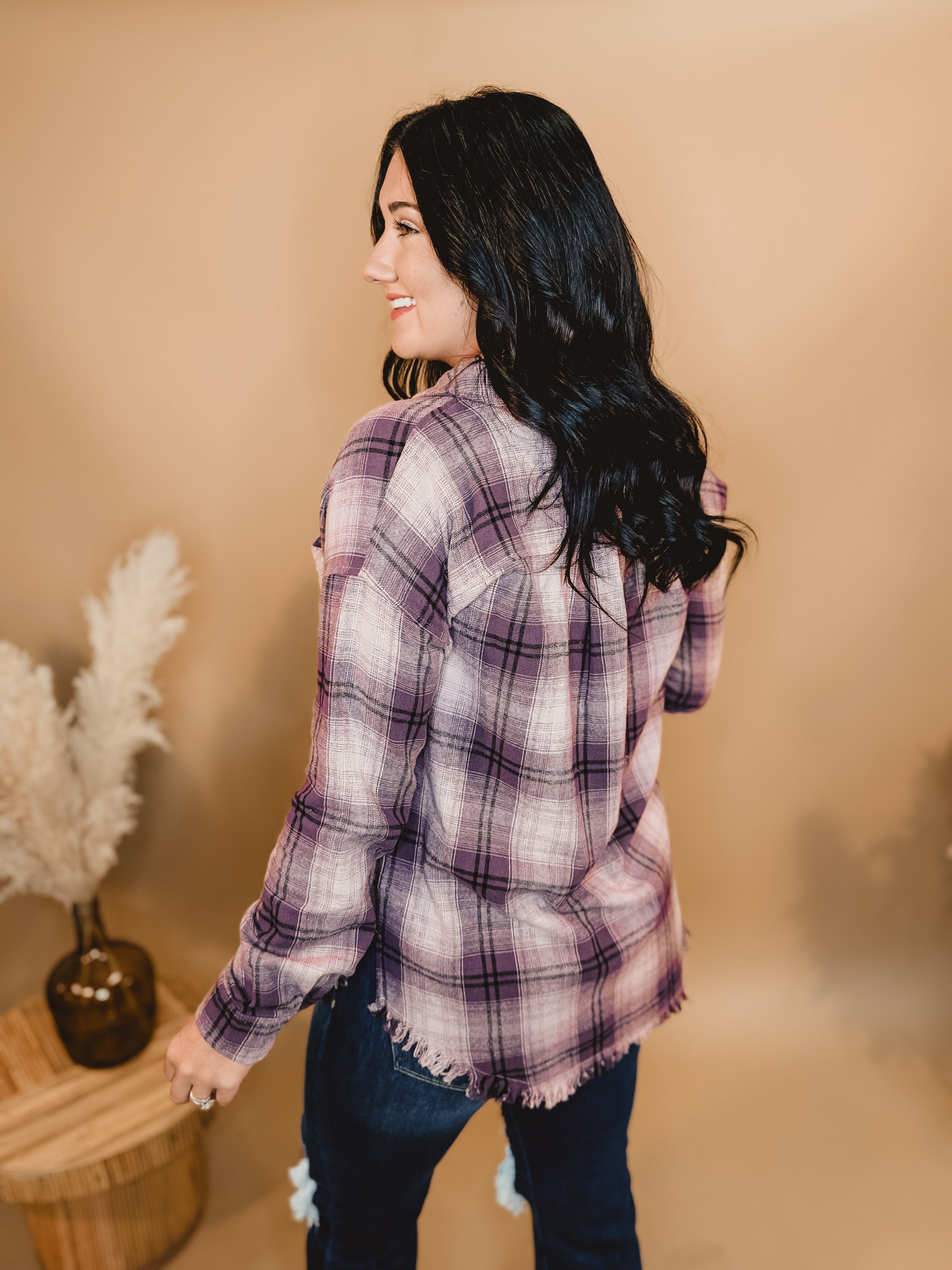 Fringe Hem Acid Washed Flannel - Mauve - Lace and Grace Boutique