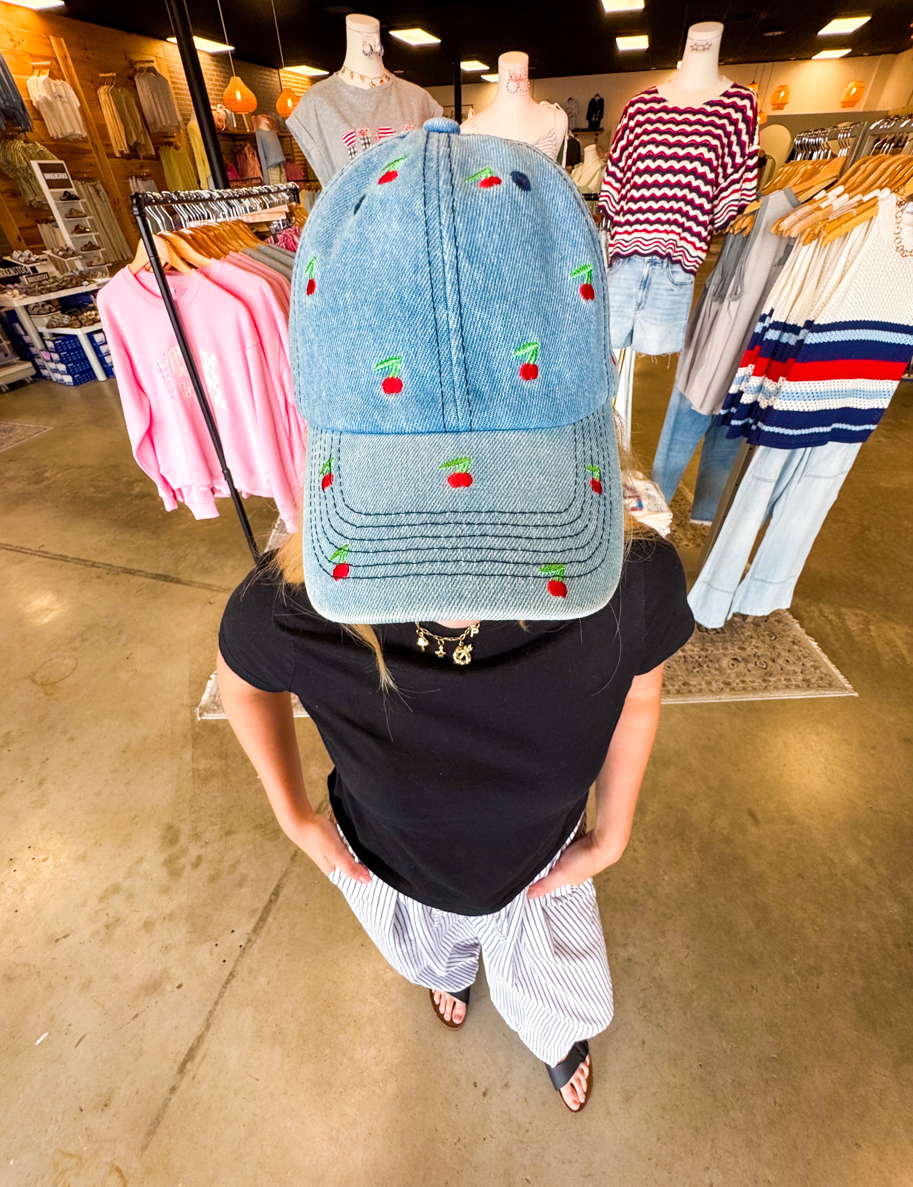 Cherry Embroidered Denim Baseball Cap - Lace and Grace Boutique