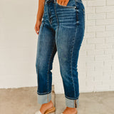 Front Seam High Rise-Ankle Wide Cuffed Jeans - Dark Denim