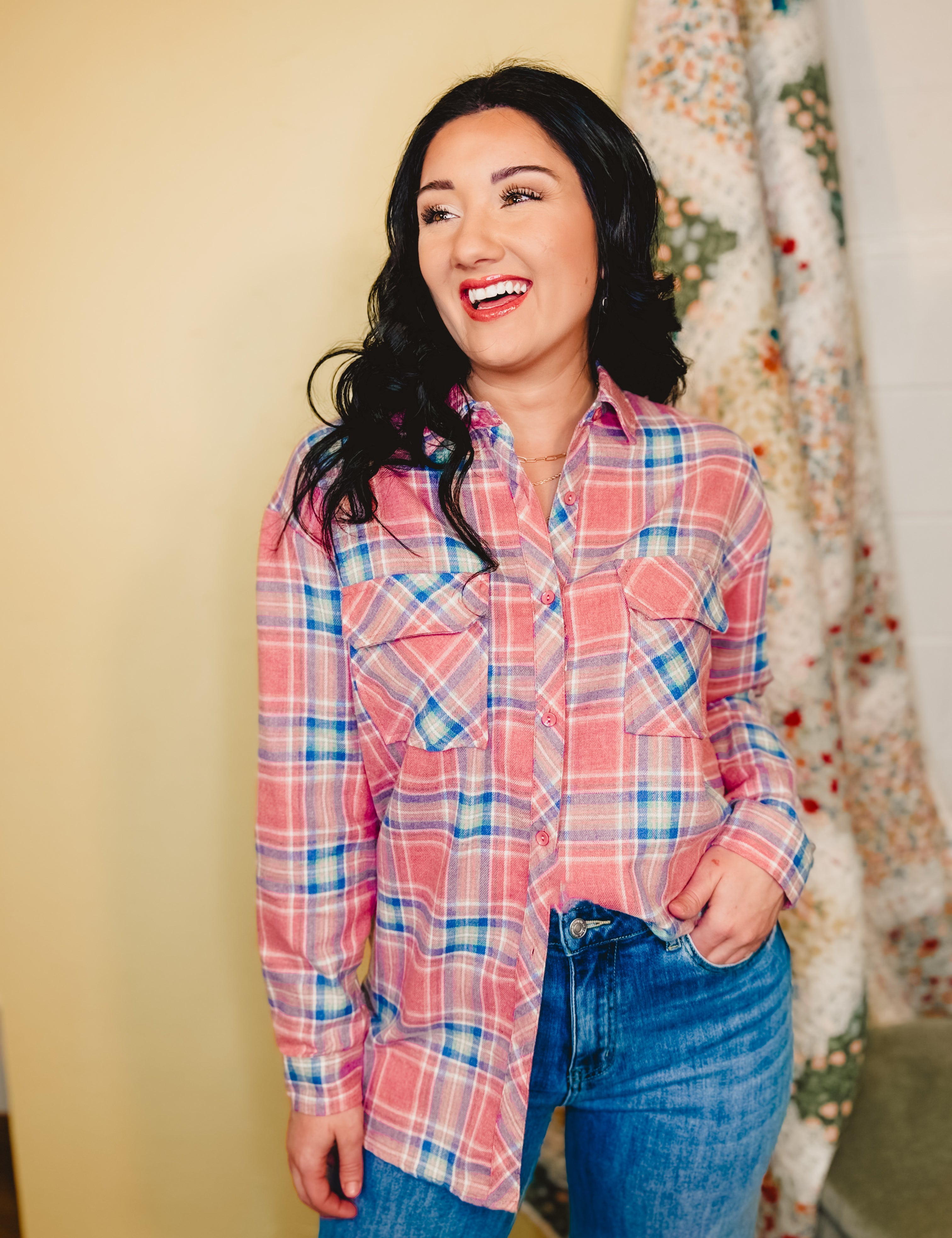 Collared Button Up Boyfriend Flannel Shirt - Coral - Lace and Grace Boutique