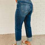 Front Seam High Rise-Ankle Wide Cuffed Jeans - Dark Denim