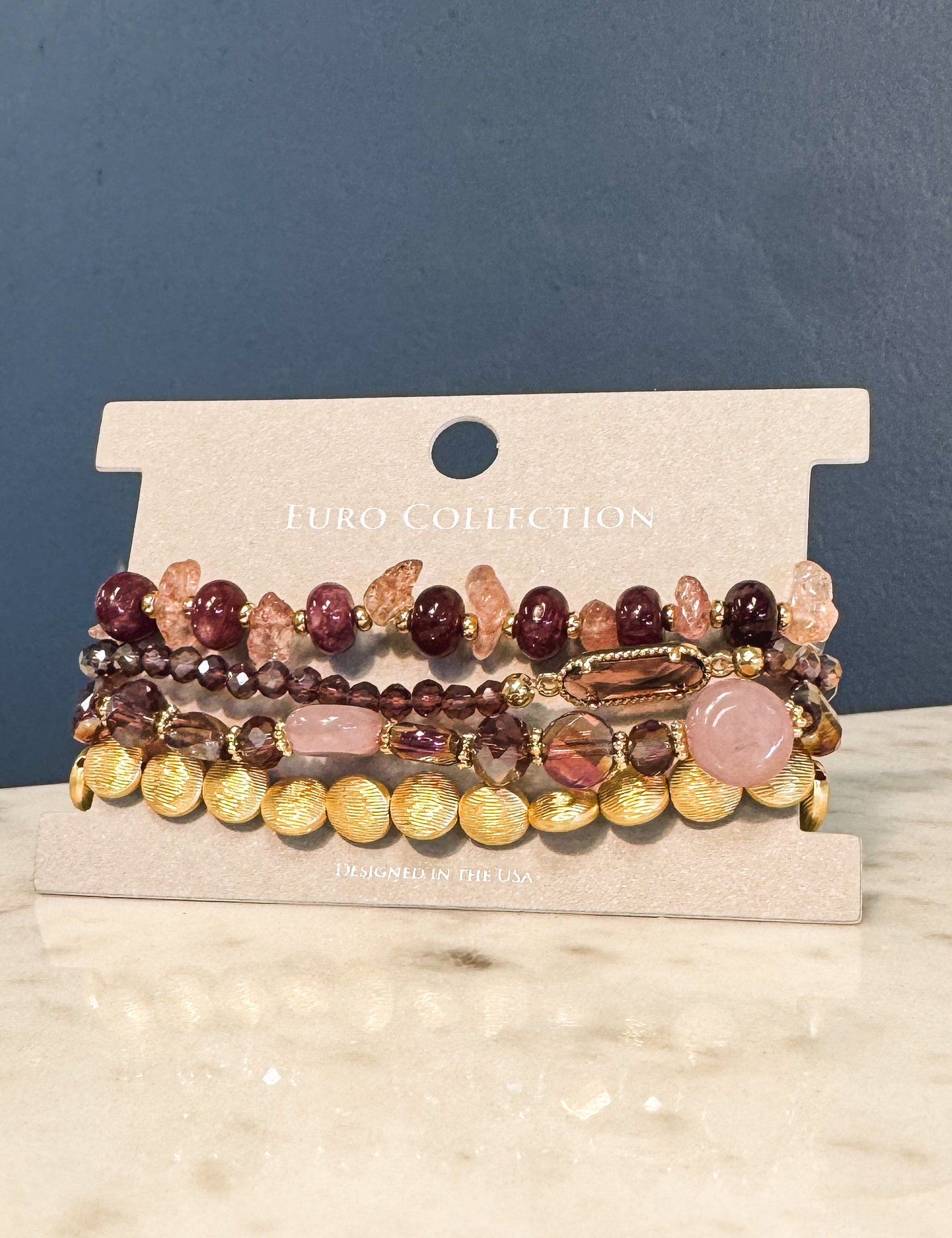Beaded Stretch Bracelets, Set of 4 - Purple/Gold - Lace and Grace Boutique