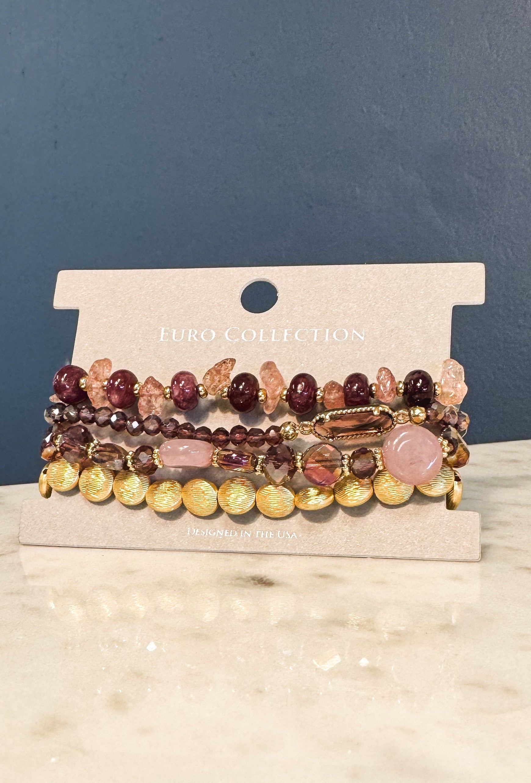 Beaded Stretch Bracelets, Set of 4 - Purple/Gold - Lace and Grace Boutique