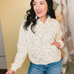 Floral French Terry Hoodie - Cream/Blue - Lace and Grace Boutique