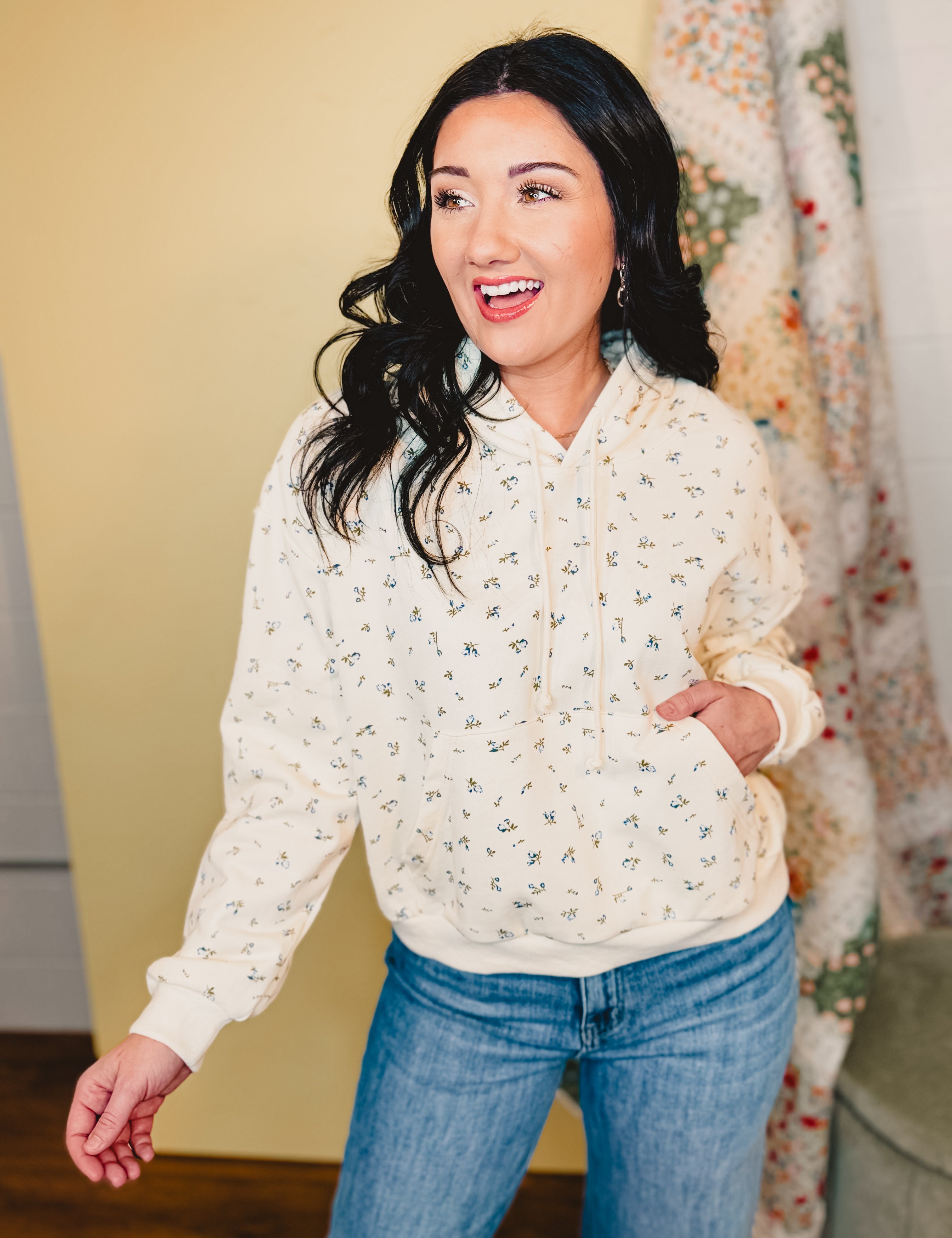 Floral French Terry Hoodie - Cream/Blue - Lace and Grace Boutique