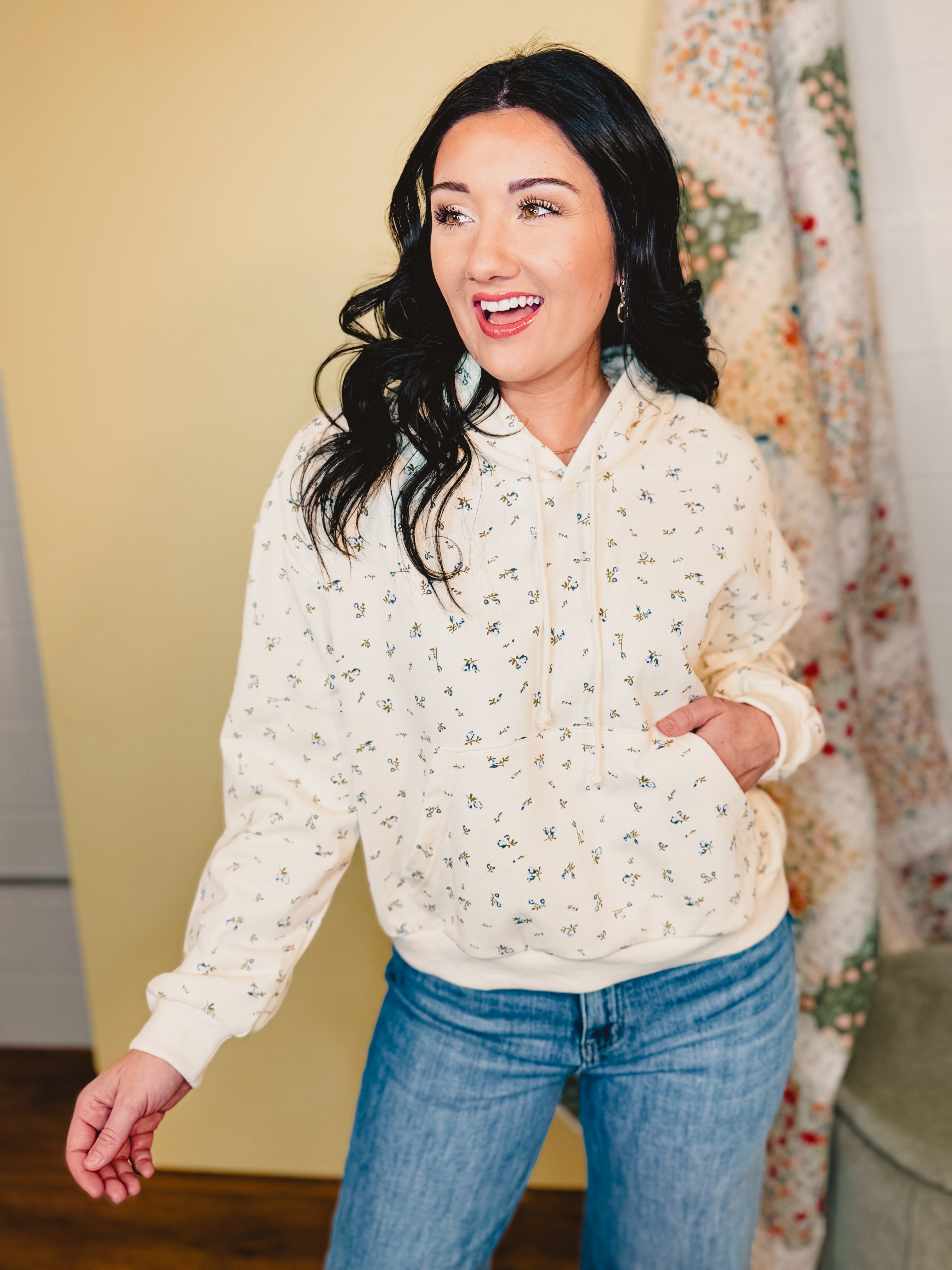 Floral French Terry Hoodie - Cream/Blue - Lace and Grace Boutique
