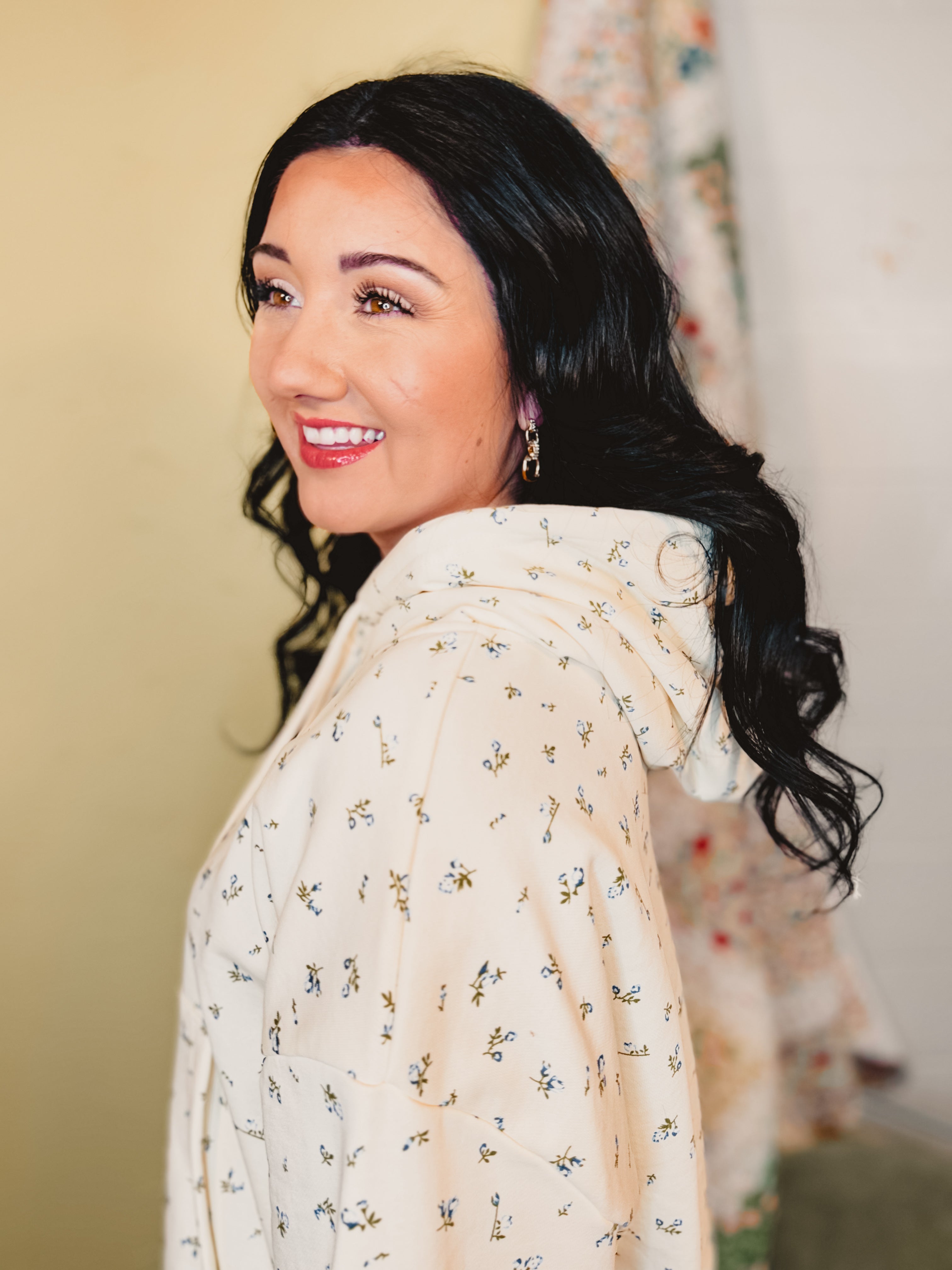 Floral French Terry Hoodie - Cream/Blue - Lace and Grace Boutique