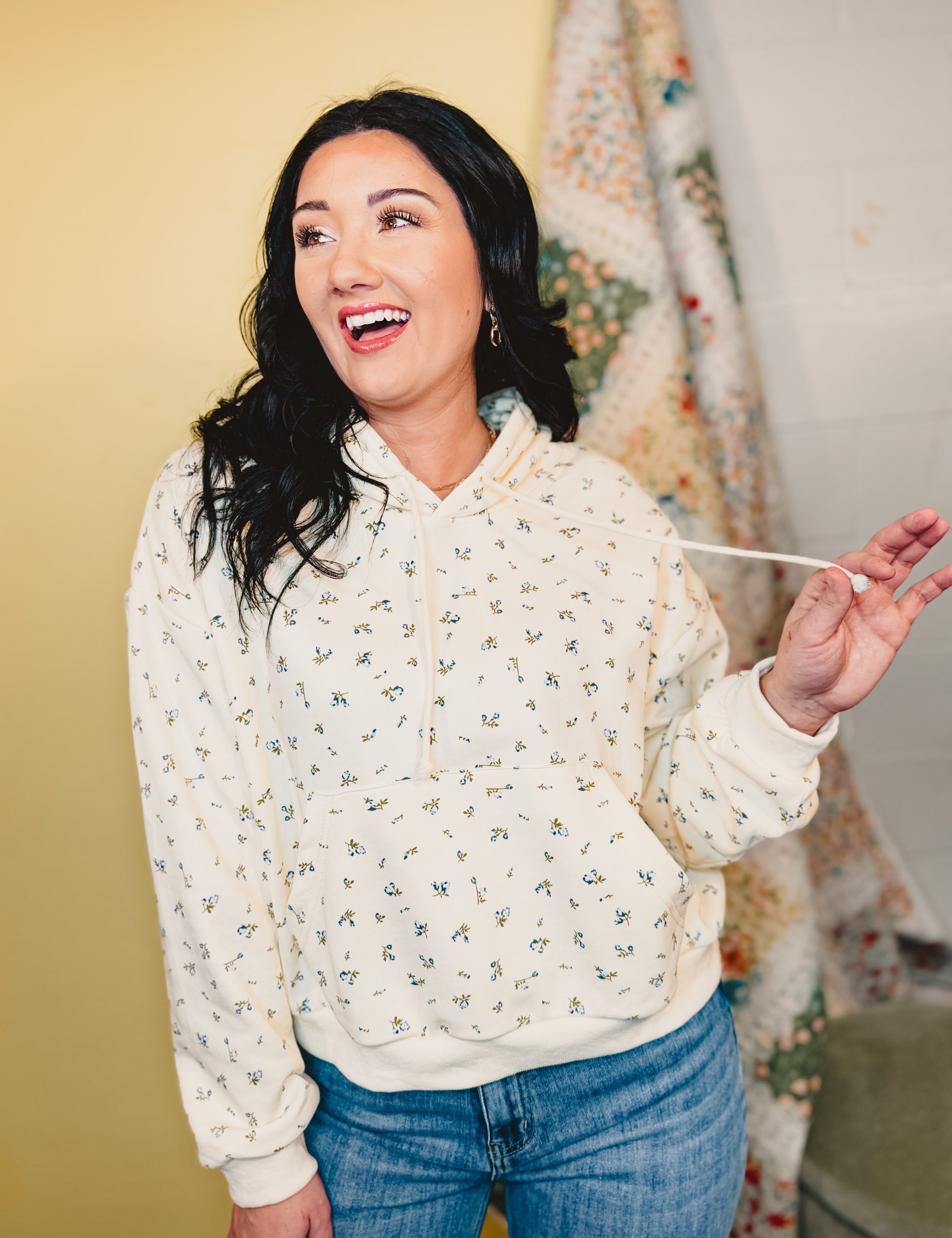 Floral French Terry Hoodie - Cream/Blue - Lace and Grace Boutique