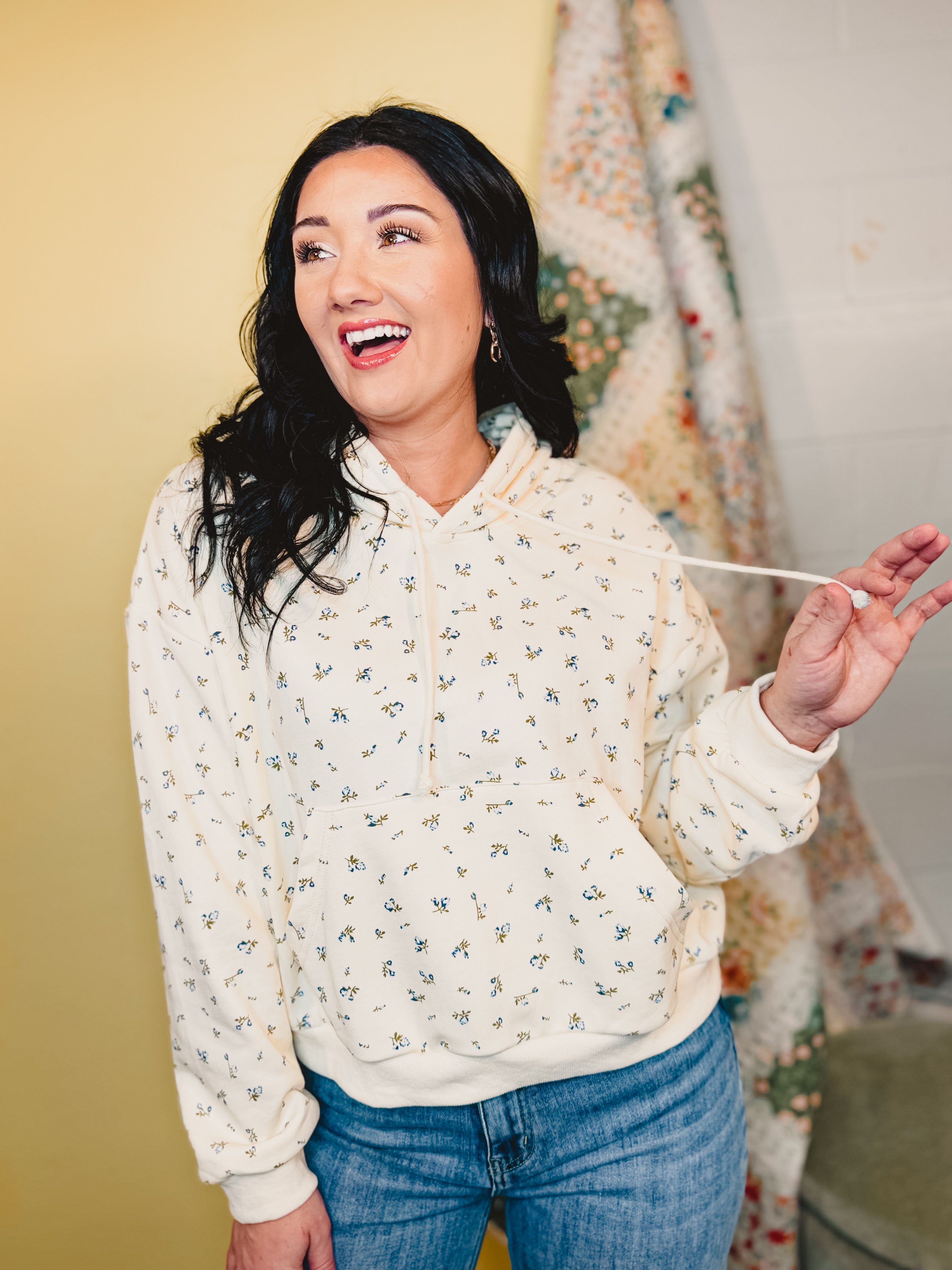 Floral French Terry Hoodie - Cream/Blue - Lace and Grace Boutique