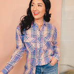 Collared Button Up Boyfriend Flannel Shirt - Blue - Lace and Grace Boutique