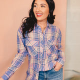 Collared Button Up Boyfriend Flannel Shirt - Blue - Lace and Grace Boutique