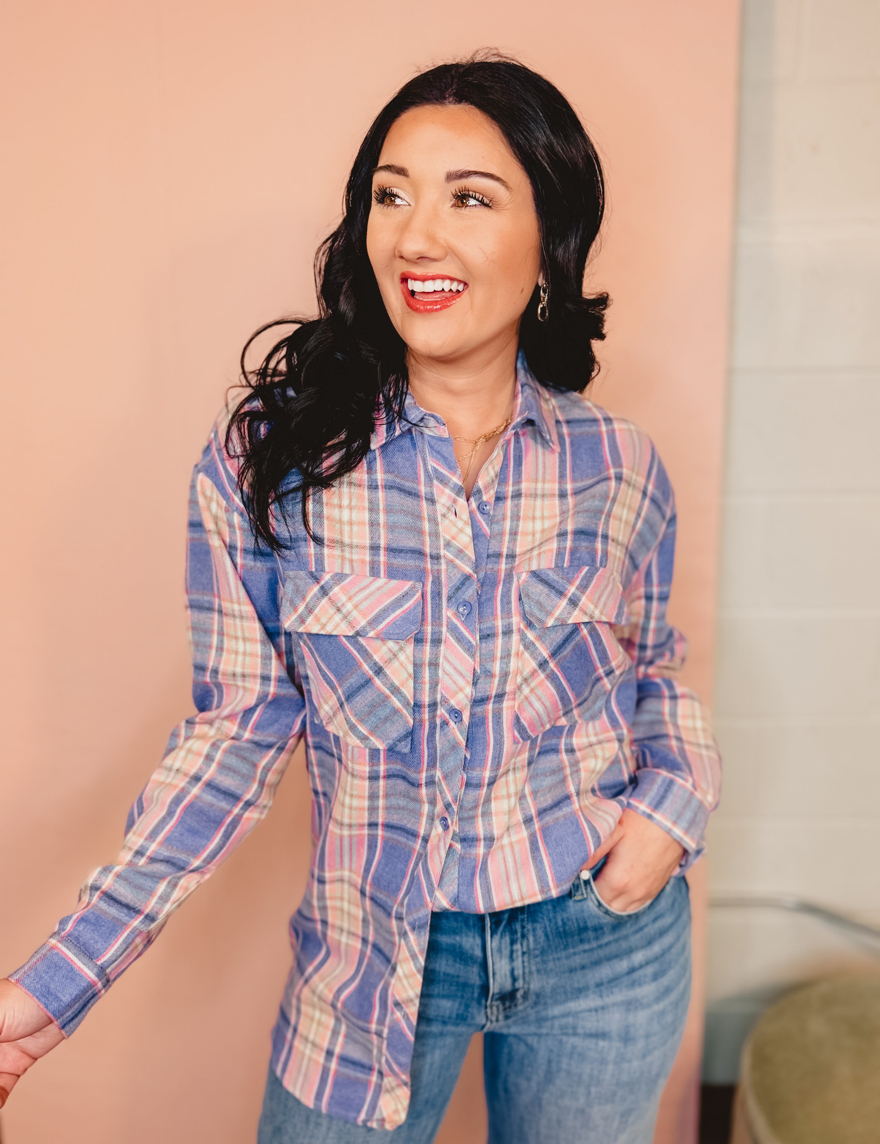 Collared Button Up Boyfriend Flannel Shirt - Blue - Lace and Grace Boutique