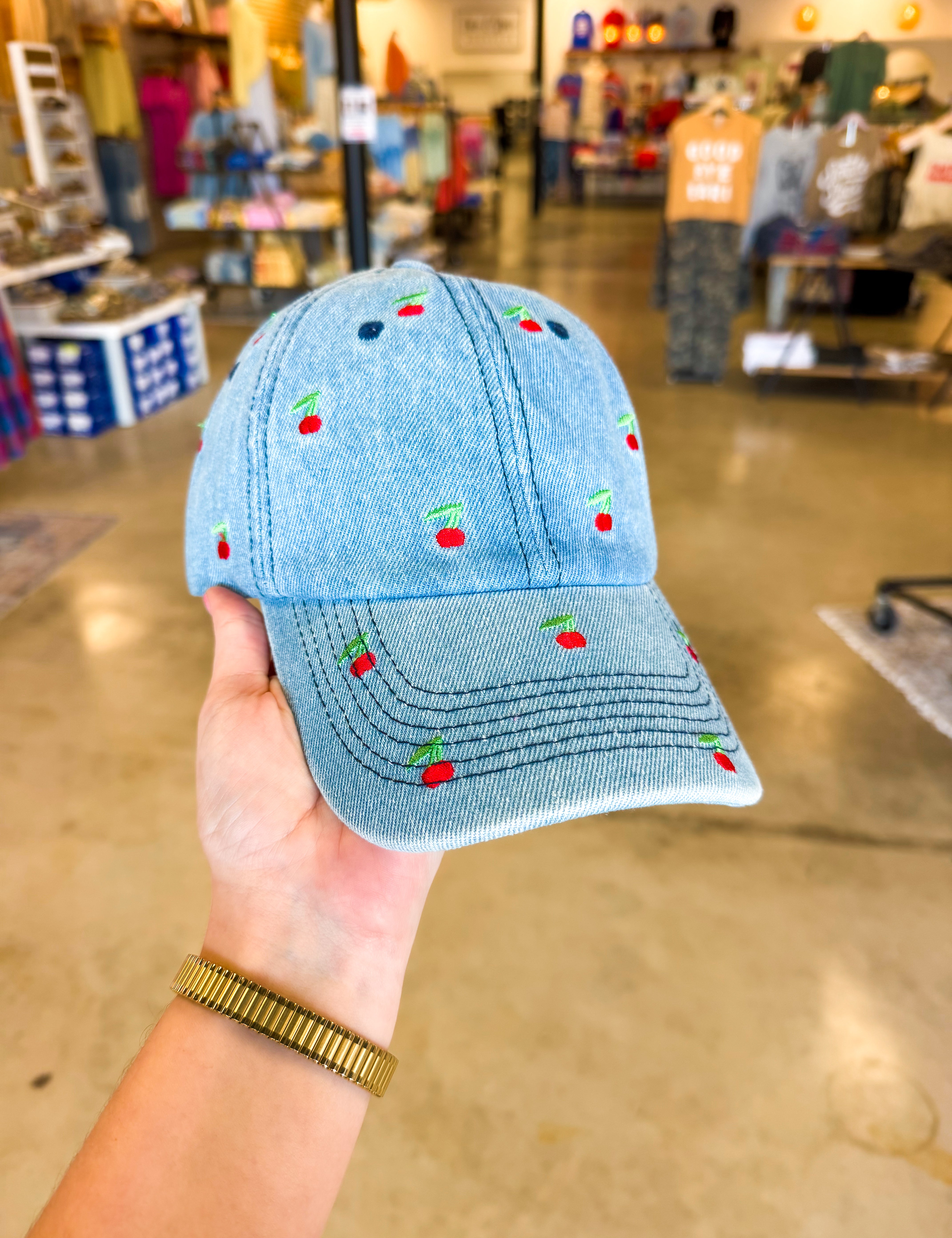 Cherry Embroidered Denim Baseball Cap - Lace and Grace Boutique