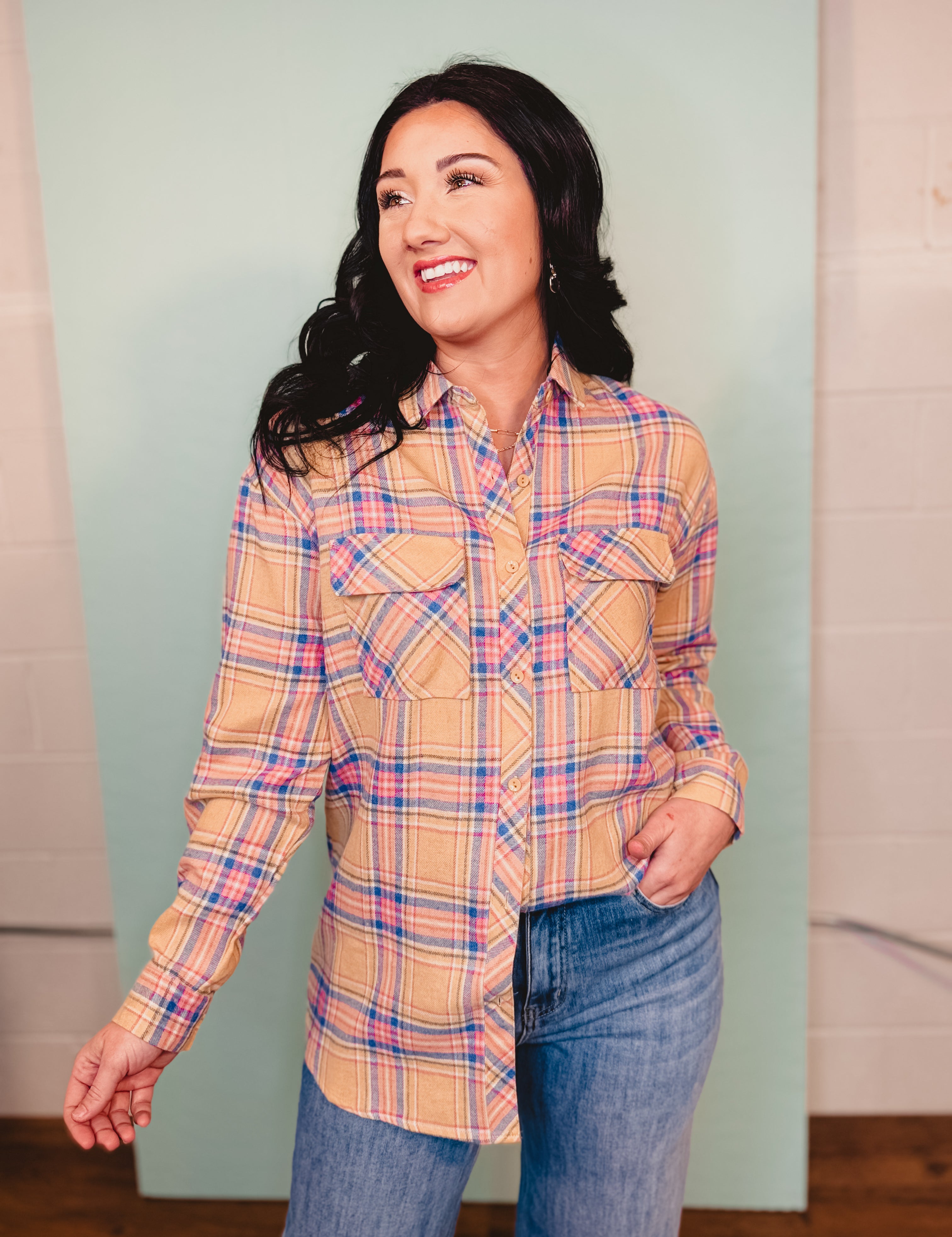 Collared Button Up Boyfriend Flannel Shirt - Taupe - Lace and Grace Boutique