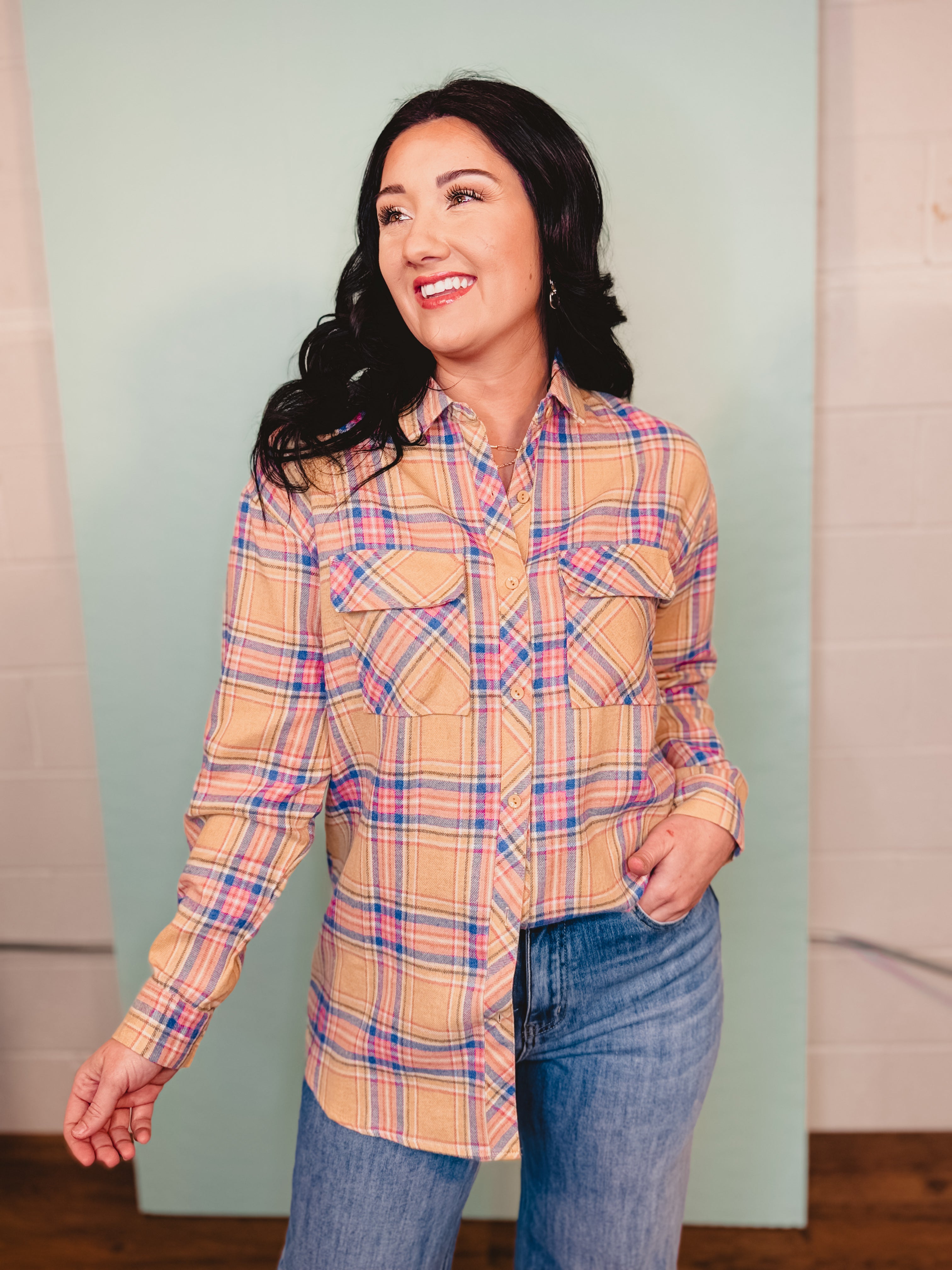 Collared Button Up Boyfriend Flannel Shirt - Taupe - Lace and Grace Boutique