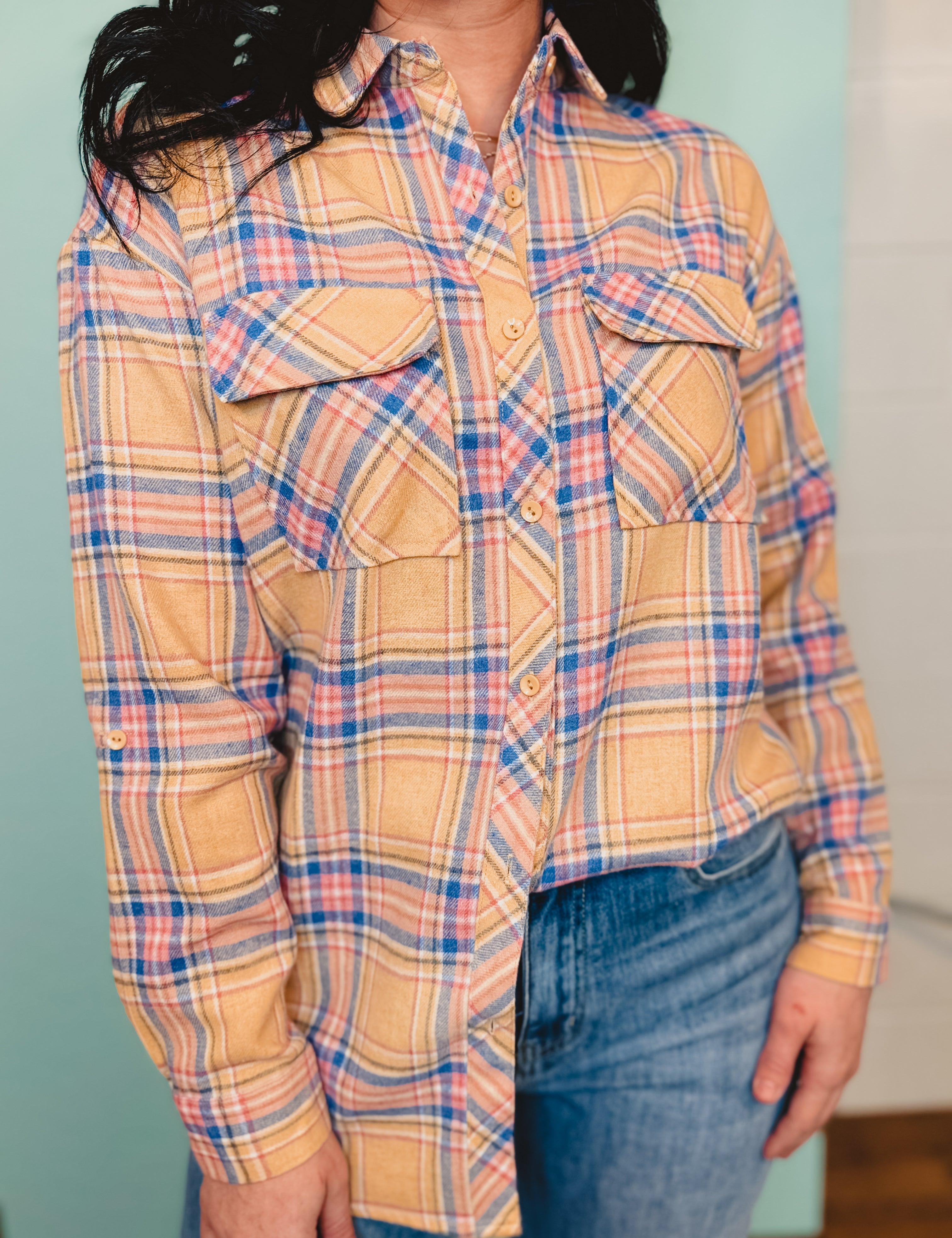 Collared Button Up Boyfriend Flannel Shirt - Taupe - Lace and Grace Boutique