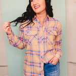 Collared Button Up Boyfriend Flannel Shirt - Taupe - Lace and Grace Boutique