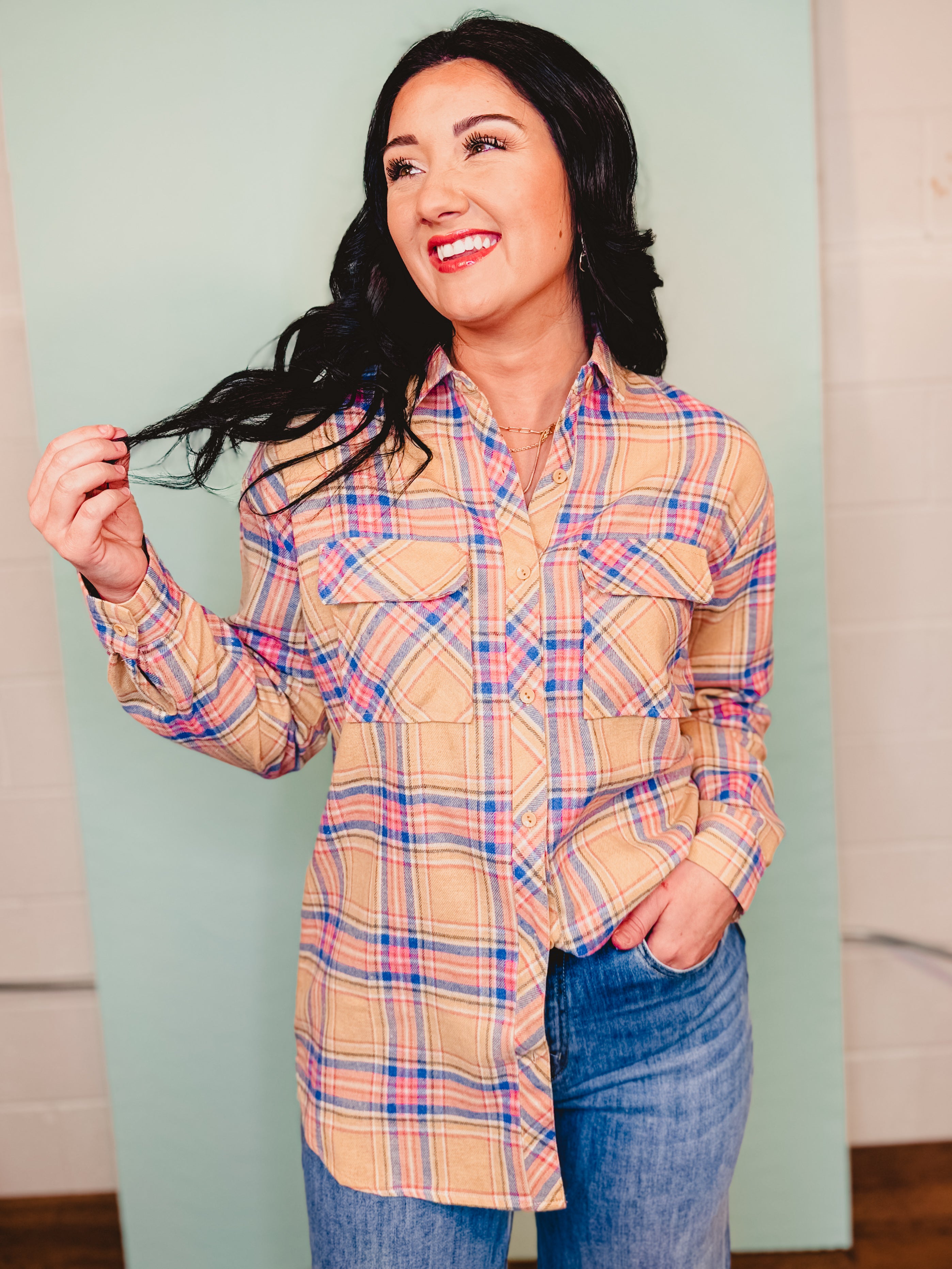 Collared Button Up Boyfriend Flannel Shirt - Taupe - Lace and Grace Boutique