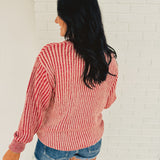 Curved Hem Two-Tone Long Sleeve Sweater - Dark Red