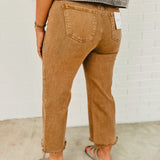 High Waisted Frayed Hem Cropped Straight Pants - Deep Camel