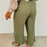 Wide-Leg Linen Blend Drawstring Pants - Light Olive