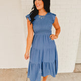 Smocked Tiered Midi Dress - Dusty Blue