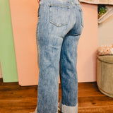 90's Stretch Cuffed Hem Straight Jeans - Medium Indigo