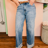 90's Stretch Cuffed Hem Straight Jeans - Medium Indigo