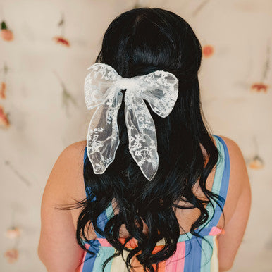 Embroidered Floral Lace Hair Bow - White - Lace and Grace Boutique