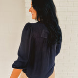 Half Sleeve Embroidered Blouse - Navy