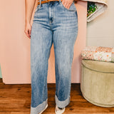 90's Stretch Cuffed Hem Straight Jeans - Medium Indigo