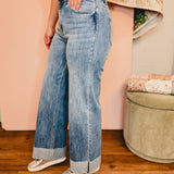 90's Stretch Cuffed Hem Straight Jeans - Medium Indigo