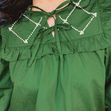 Pearl & Bow Ruffled Top - Hunter Green