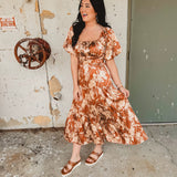 Puff Sleeve Floral Silky Maxi Dress - Butterscotch