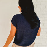 Split Neck Short Sleeve Knit Pullover - Navy - Lace and Grace Boutique