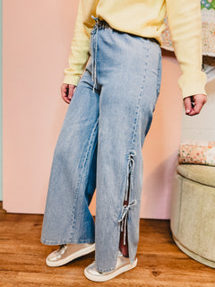 Denim Side Bow Tie Pants - Lace and Grace Boutique