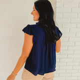 Lace Trim Ruffle Short Sleeve Blouse - Navy
