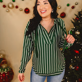 Striped Hooded V-Neck Pullover - Green