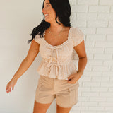 Gingham Bow Detailed Shirred Waist Top - Khaki