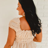 Gingham Bow Detailed Shirred Waist Top - Khaki