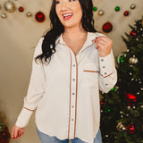 Long Sleeve Trimmed Button Up Top - Ecru