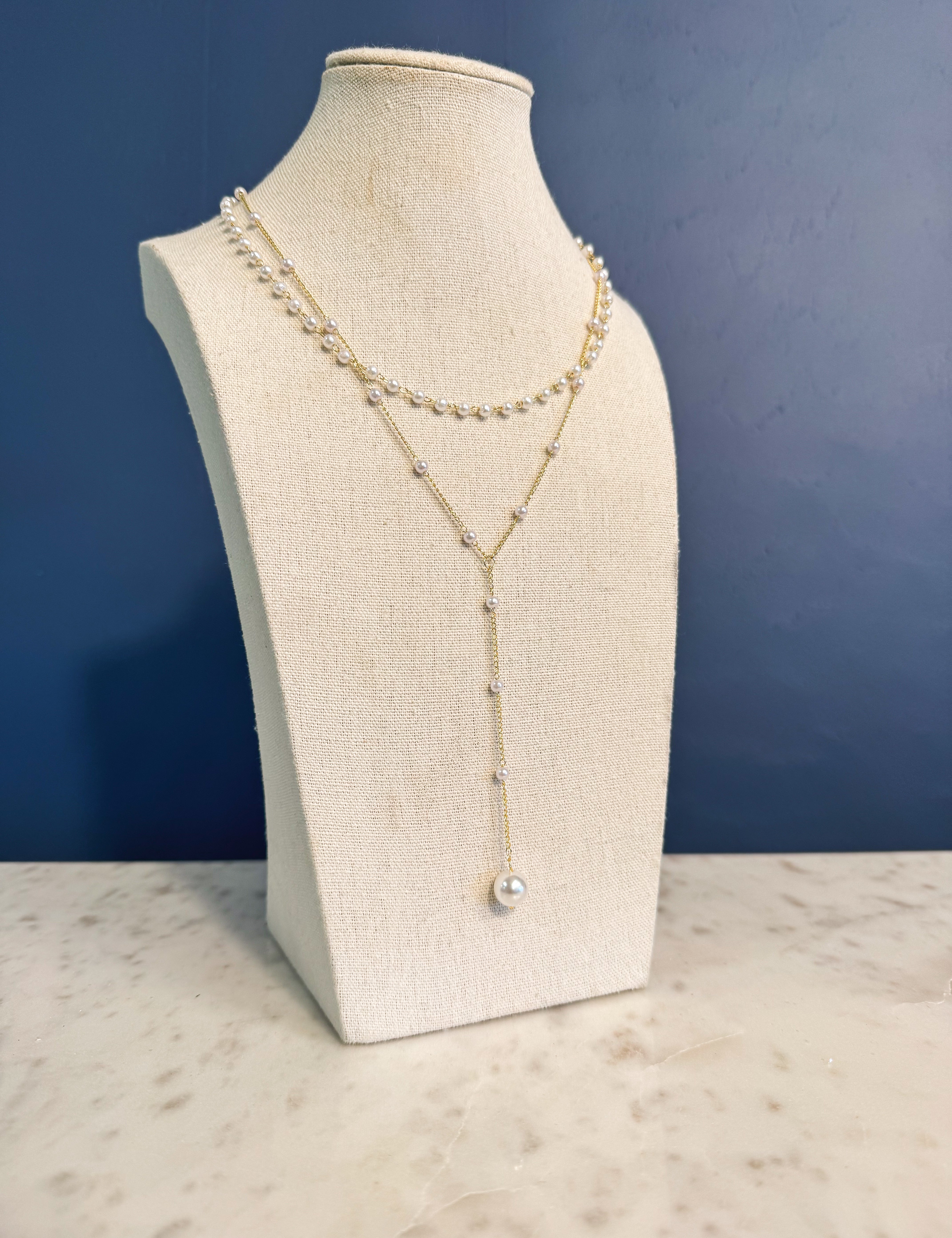 Layered Pearl Chain & Lariat Necklace - Lace and Grace Boutique