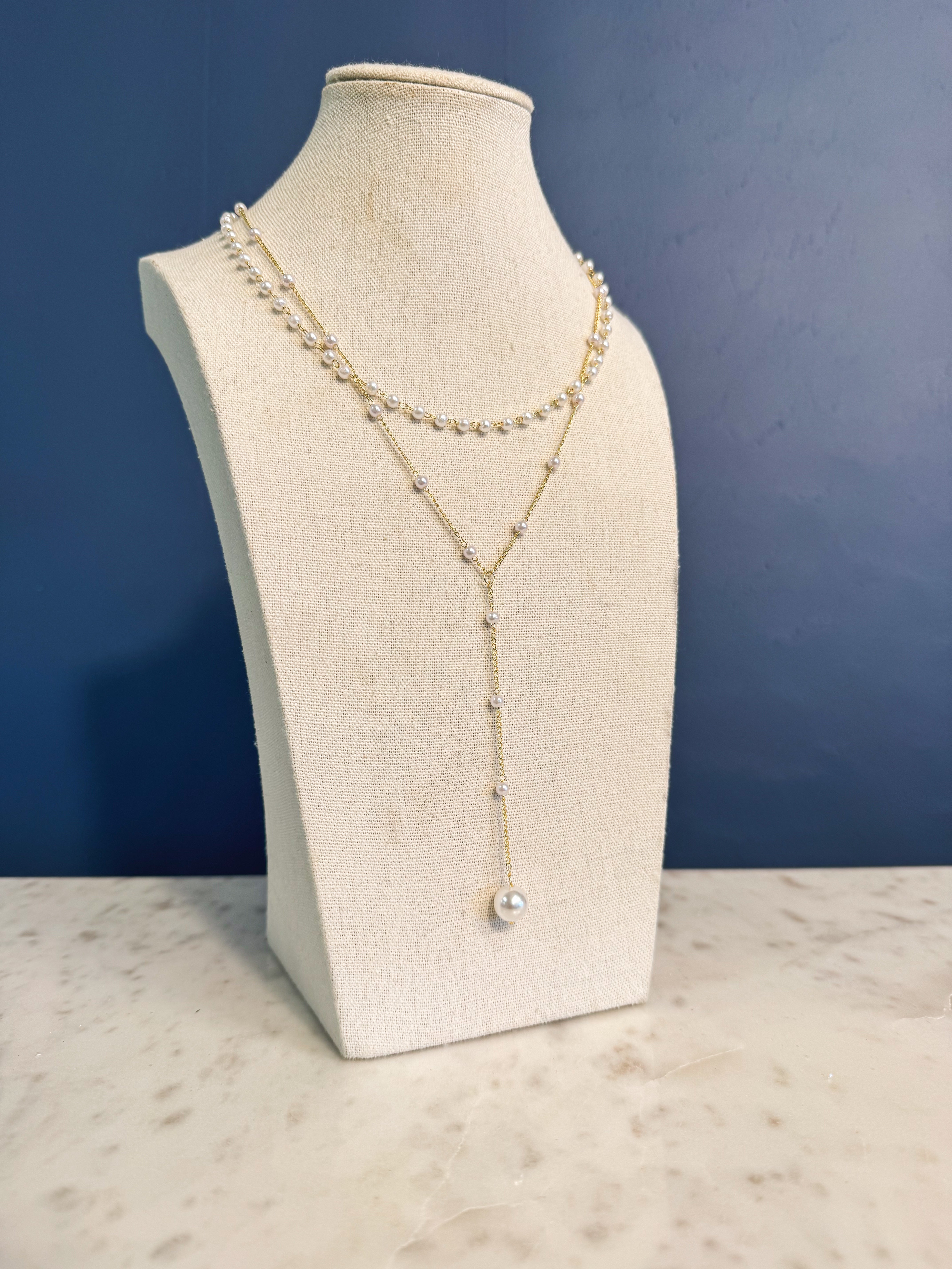 Layered Pearl Chain & Lariat Necklace - Lace and Grace Boutique