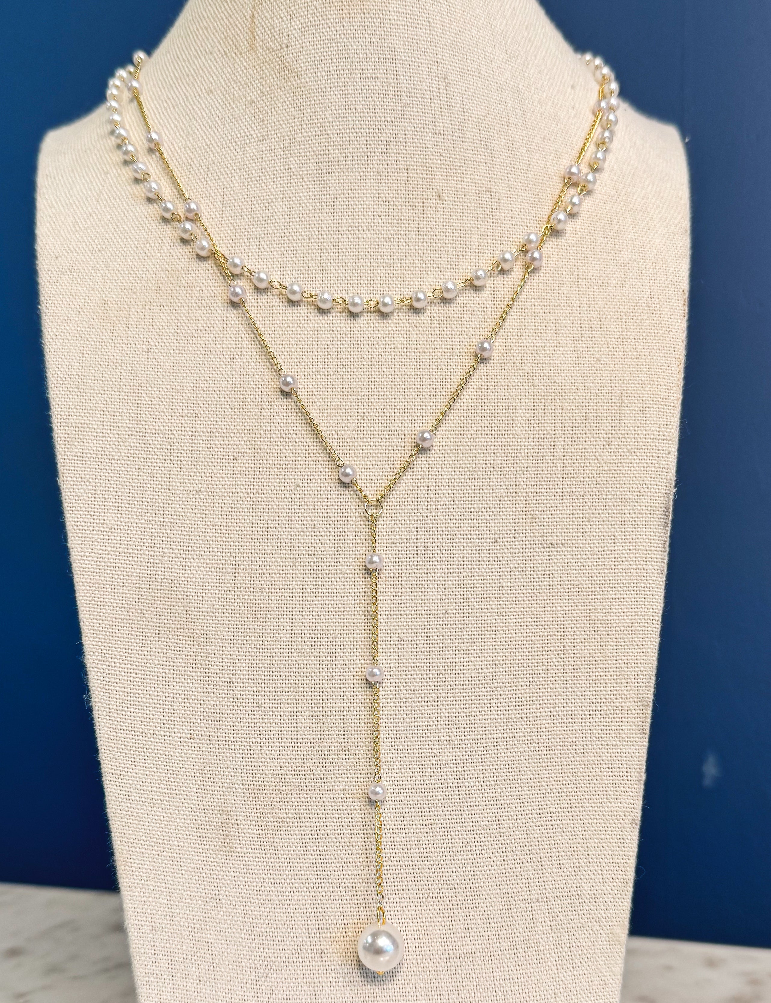 Layered Pearl Chain & Lariat Necklace - Lace and Grace Boutique