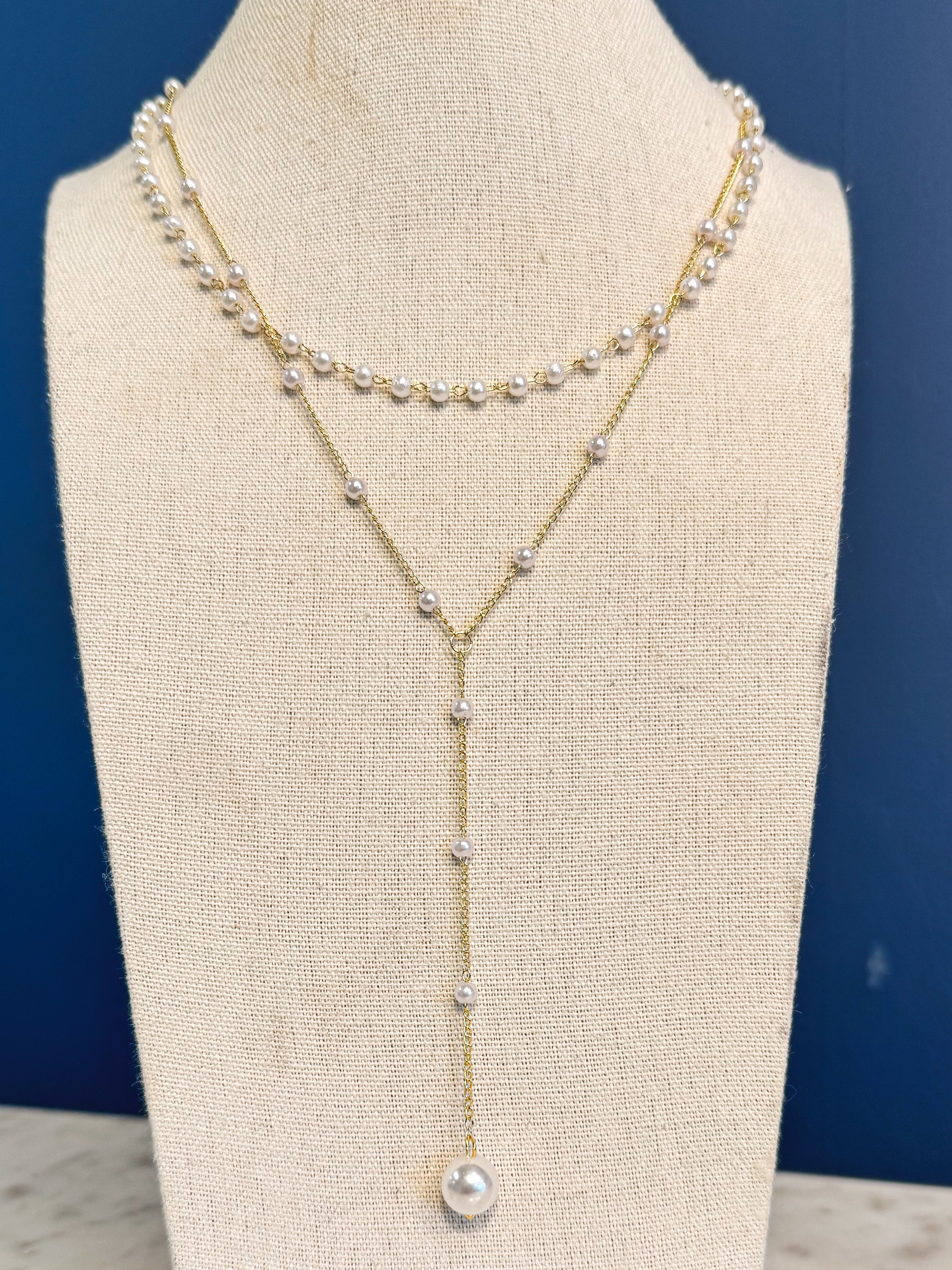 Layered Pearl Chain & Lariat Necklace - Lace and Grace Boutique