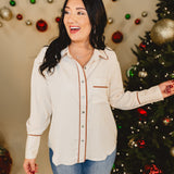 Long Sleeve Trimmed Button Up Top - Ecru