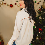 Long Sleeve Trimmed Button Up Top - Ecru